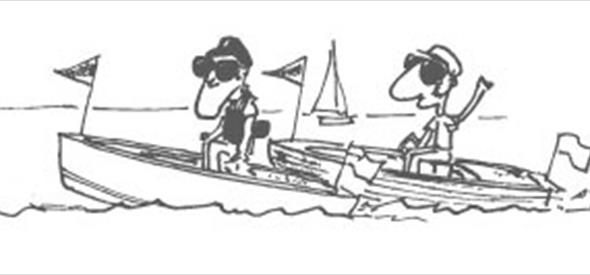Cartoon of two people on motor boats.