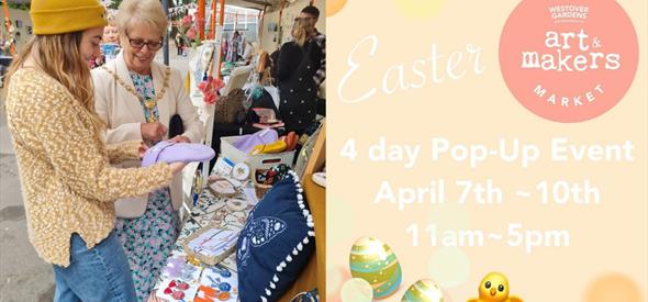 Easter 4 day pop up raphic with an image of people looking at market stall products