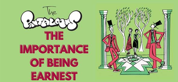 The Importance of Being Earnest promo poster of clipart of two men in top hats and a red suit