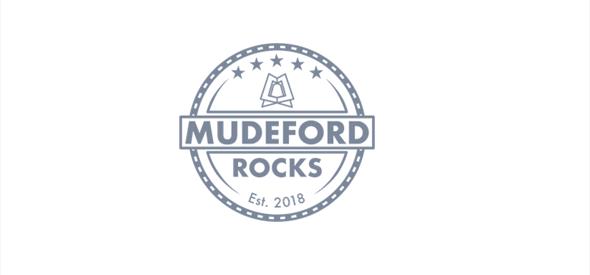 Circular mudeford rocks logo on white background.
