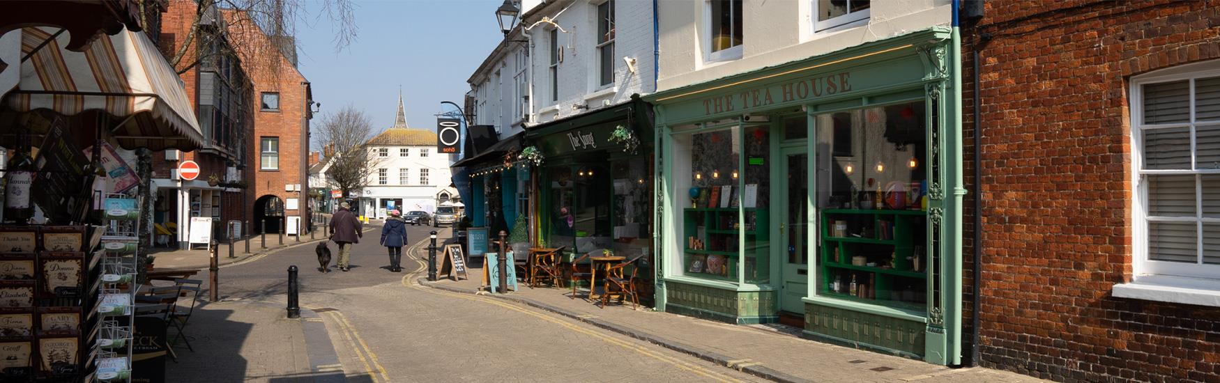 Row of Christchurch cafe and eateries along the historic highstreet