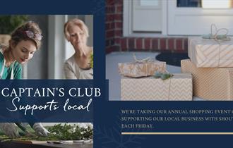 Blue background with two images, on the left two women cutting plants and on the right some wrapped presents. text over the top reads Captain's Club S