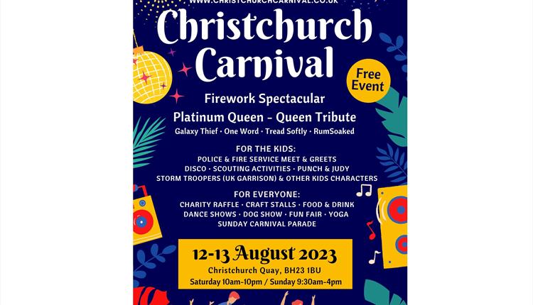 Navy blue poster with Christchurch Carnival written in bold, images of bunting, a disco ball, people dancing and tropical leaves surround the edge of