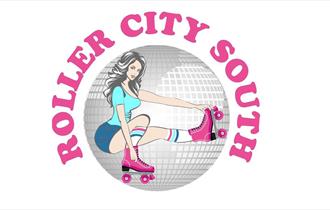 Roller City South logo of a woman in pink skates.