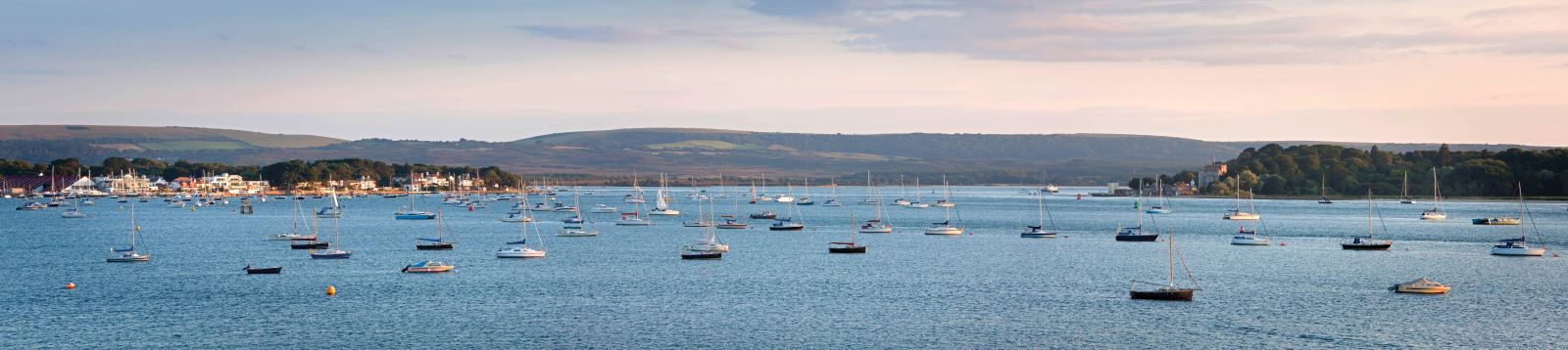 Panoramic view of the stunning Poole harbour just before the sun sets 