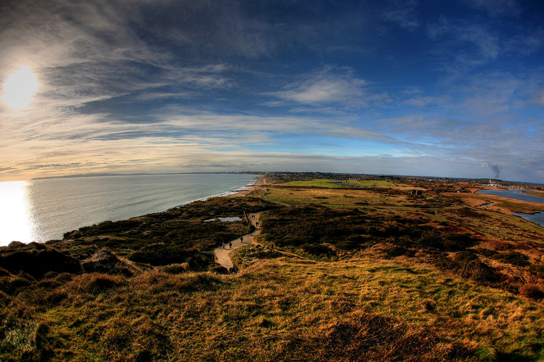 Hengistbury head on a crisp winters morning overlooking the grassland 