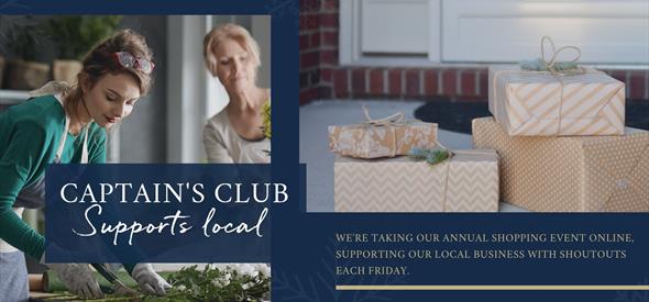 Blue background with two images, on the left two women cutting plants and on the right some wrapped presents. text over the top reads Captain's Club S
