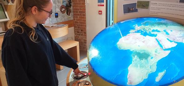 Lady pressing button to illuminate globe