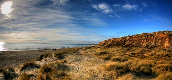 sandy beach, beach, blue sky, cliff side, cliffs, beach grass