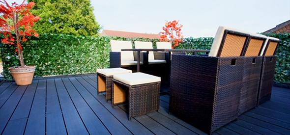 Outdoor seating area with wooden flooring