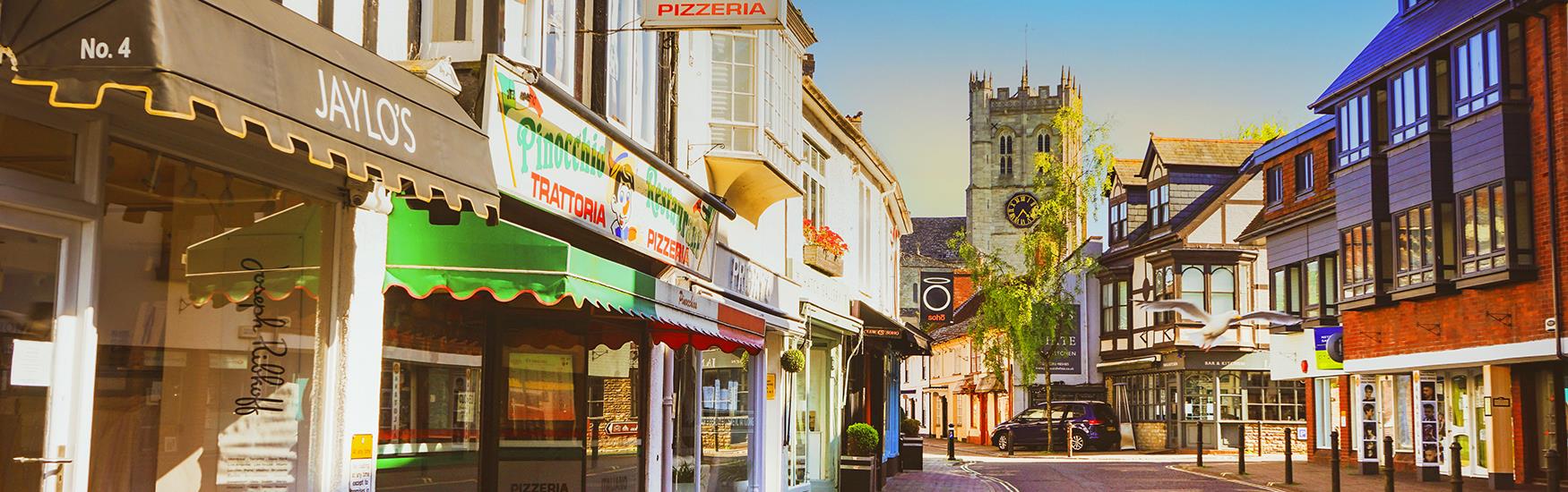 Christchurch High street on a clear spring day