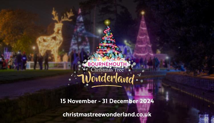 Blurred image of christmas illuminations with the Bournemouth Christmas Tree Wonderland Logo, dates of the 2024 event (15 Nov - 31 Dec 2024) and the w