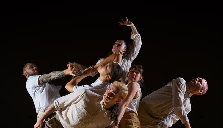 Group of dancers entwined wearing brown and beige clothes