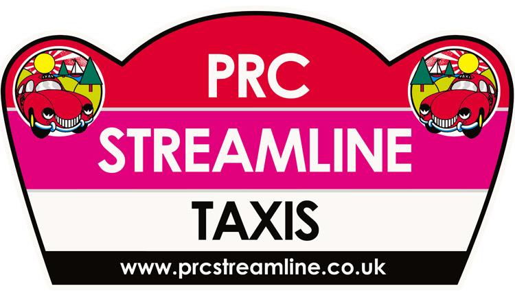 PRC Streamline Taxis logo with two anthropomorphic red cars and the website www.prcstrealine.co.uk