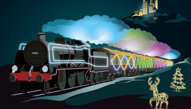 Steam train with snow, Christmas tree and deer and lights in 3D