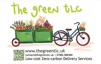 sketch of a bicycle and cart delivering vegetables with the text; The green tlc