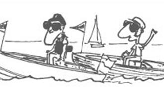 Cartoon of two people on motor boats.