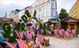 Beer garden and deck chairs with live music in the Absolute music shed