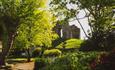 The Castle Ruins photographed from a far through the trees on a sunny spring day.
