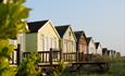 Beach huts in a row facing out to sea.