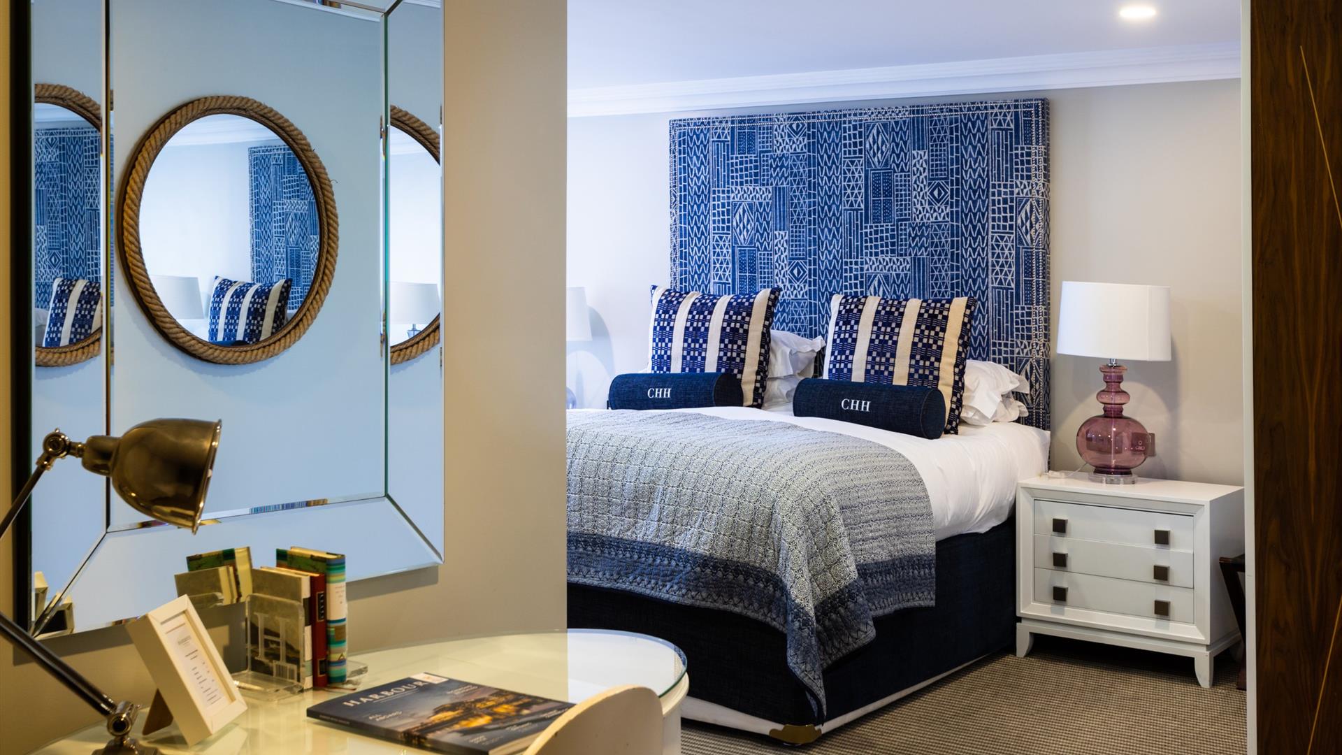 Inside a nautical themed room in Christchurch harbour hotel and spa