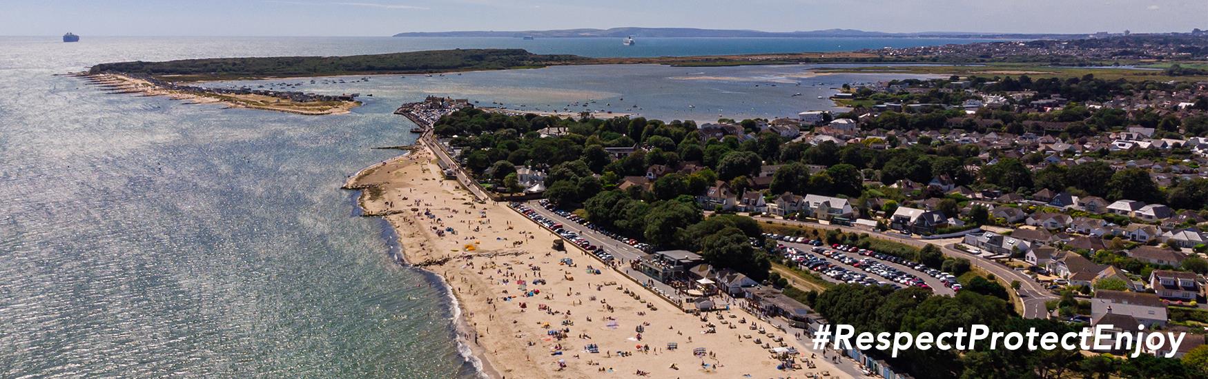 Avon Beach from above looking toward Christchurch Harbour with the text: Respect, Protect, Enjoy.
