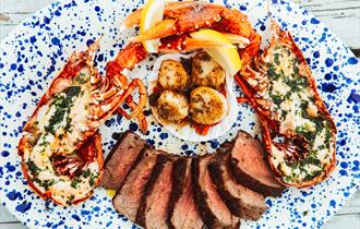 Surf and turf on blue plate