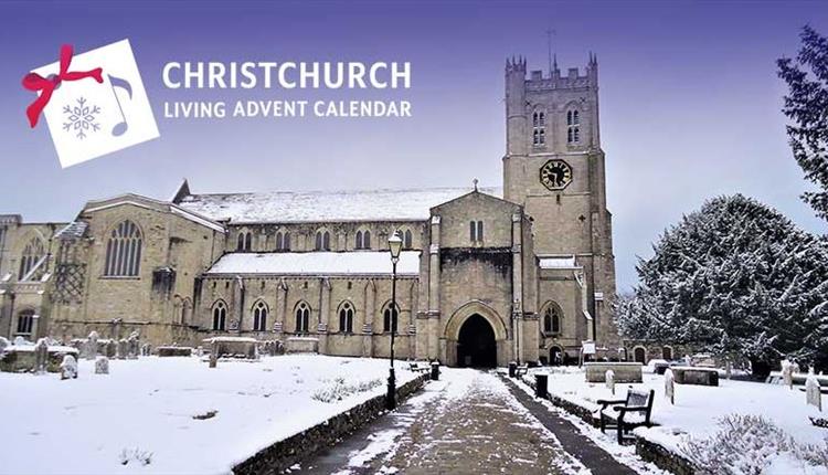 Christchurch Priory in the snow with CLAC logo