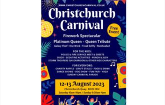 Navy blue poster with Christchurch Carnival written in bold, images of bunting, a disco ball, people dancing and tropical leaves surround the edge of