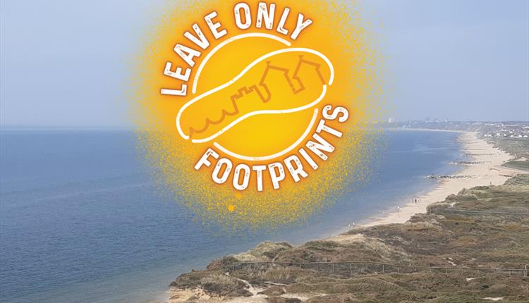 Yellow footprint logo with an aerial view of the beach