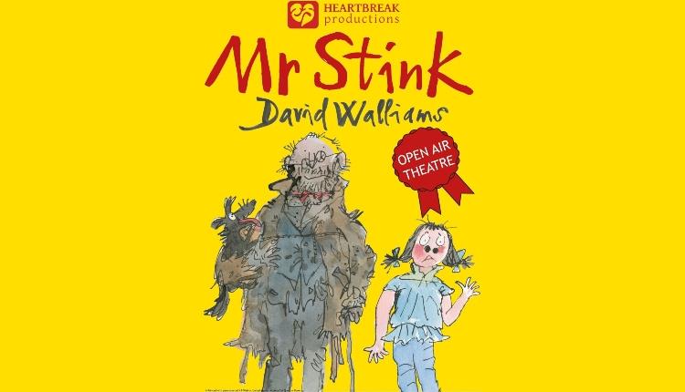 Yellow poster displaying a drawn cartoon of Mr Stink and Annabelle with the title 'Mr Stink by David Walliams'