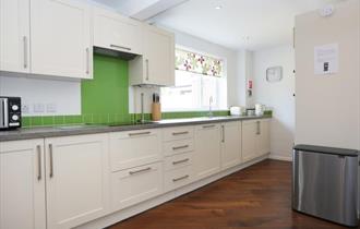 Large white kitchen with a hint of green