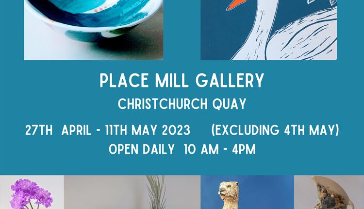 Poster for 'Pottery and Print' exhibition showing a print of a swan and some bowls and animal sculptures