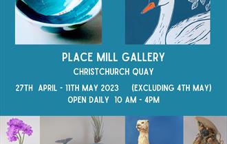 Poster for 'Pottery and Print' exhibition showing a print of a swan and some bowls and animal sculptures