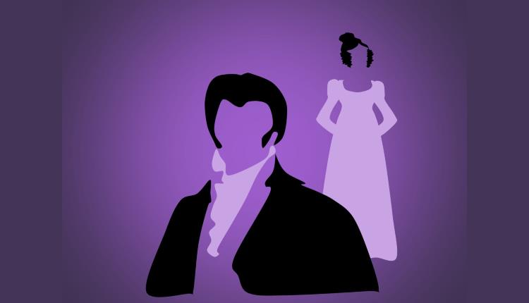 Simple purple poster displaying the silhouettes of Pride and Prejudice