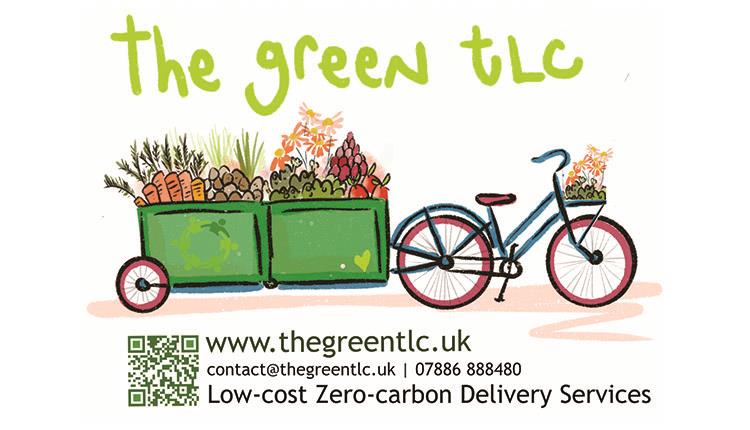 sketch of a bicycle and cart delivering vegetables with the text; The green tlc