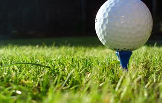 Macro image of golf ball on a blue tee.