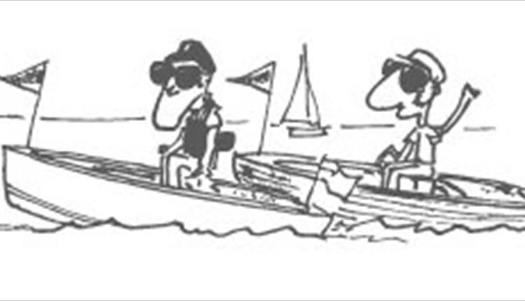 Cartoon of two people on motor boats.