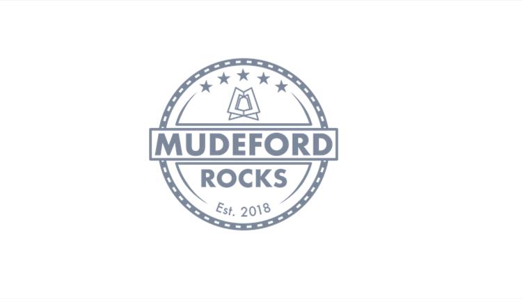 Circular mudeford rocks logo on white background.