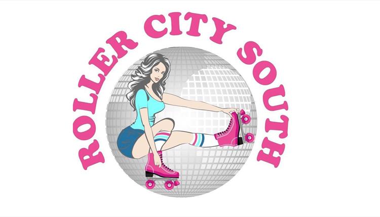 Roller City South logo of a woman in pink skates.